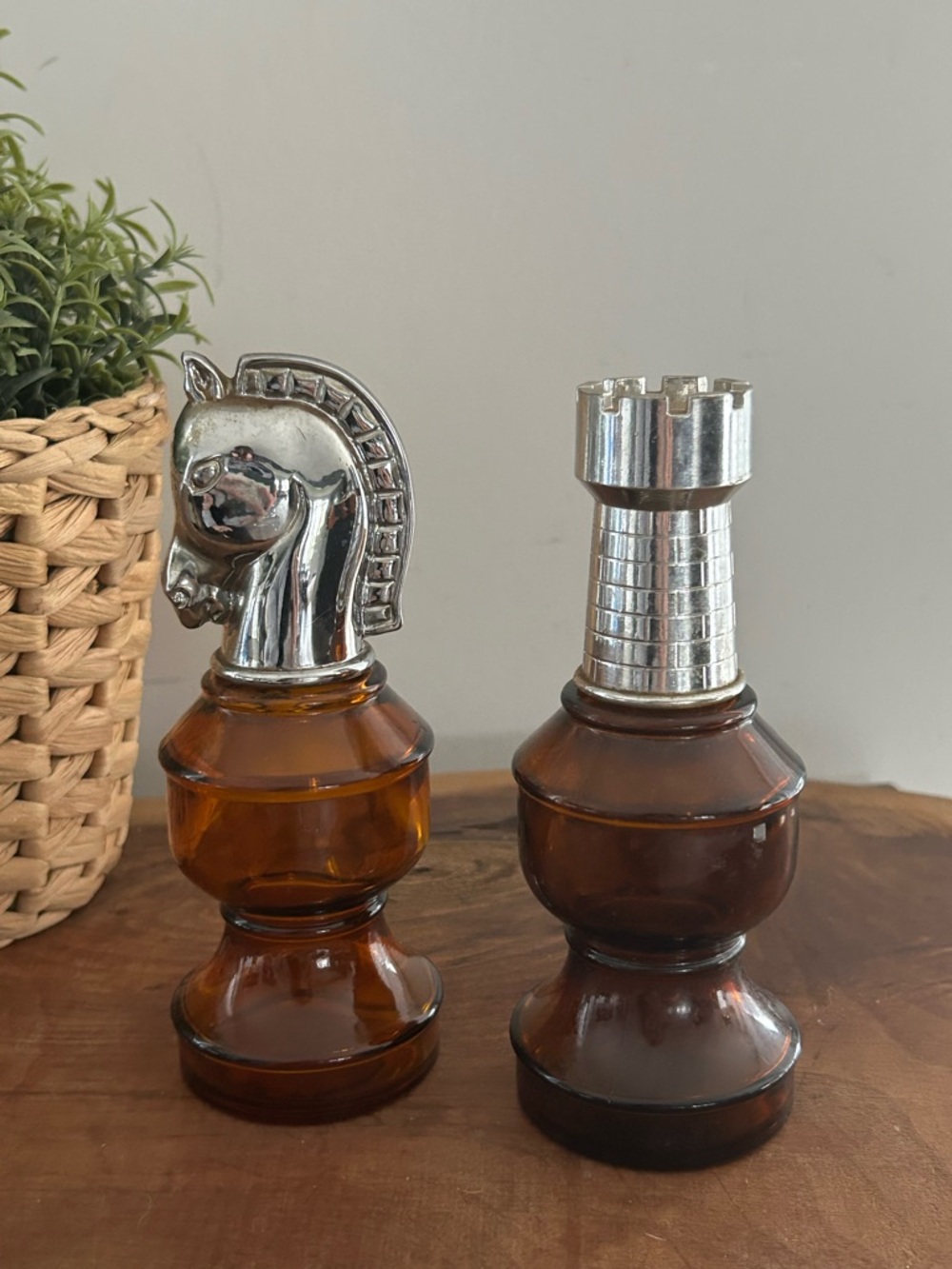 Vintage Avon Chess Pieces Knight Rook Bishop Perfume Bottles EMPTY Amber silver